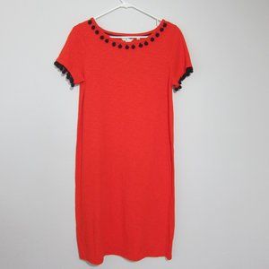 Boden Bridget Jersey Pom Pom Dress Orange 6R Shift Short Sleeve Cotton New